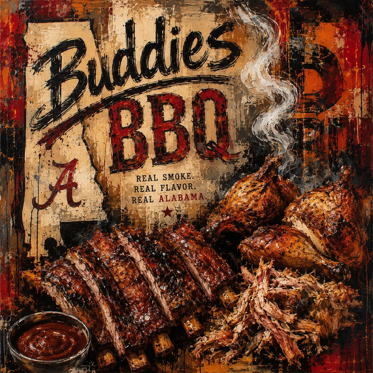 Delicious Alabama BBQ ribs with pulled pork and smoked chicken