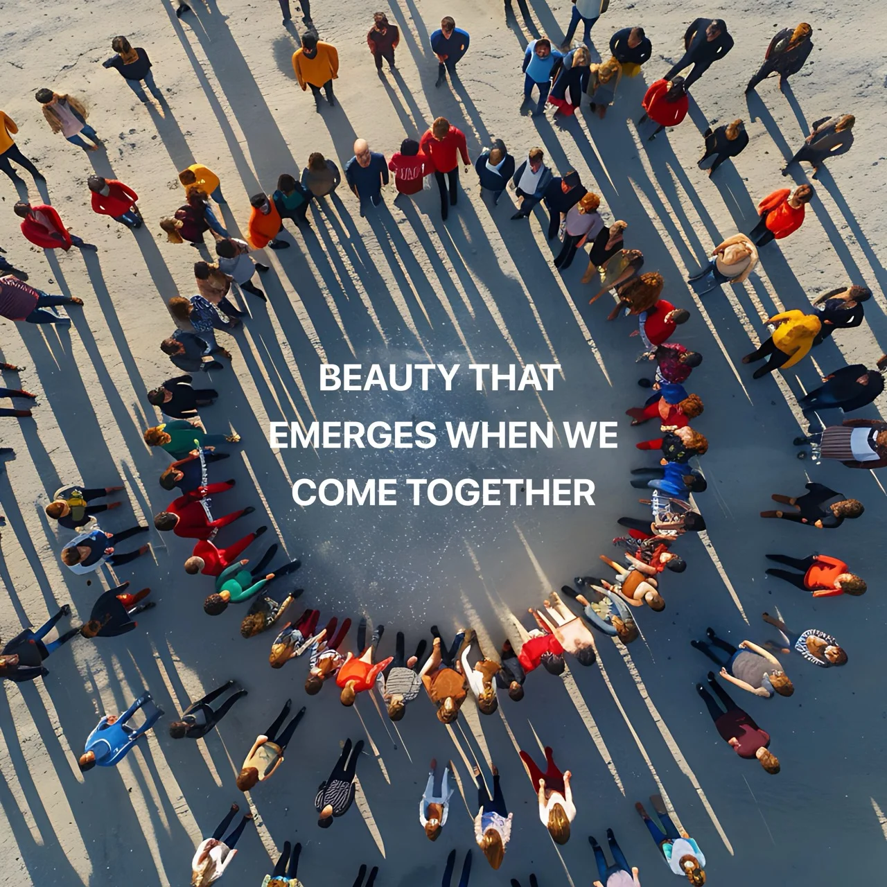 Aerial view of diverse people forming a circle on the ground