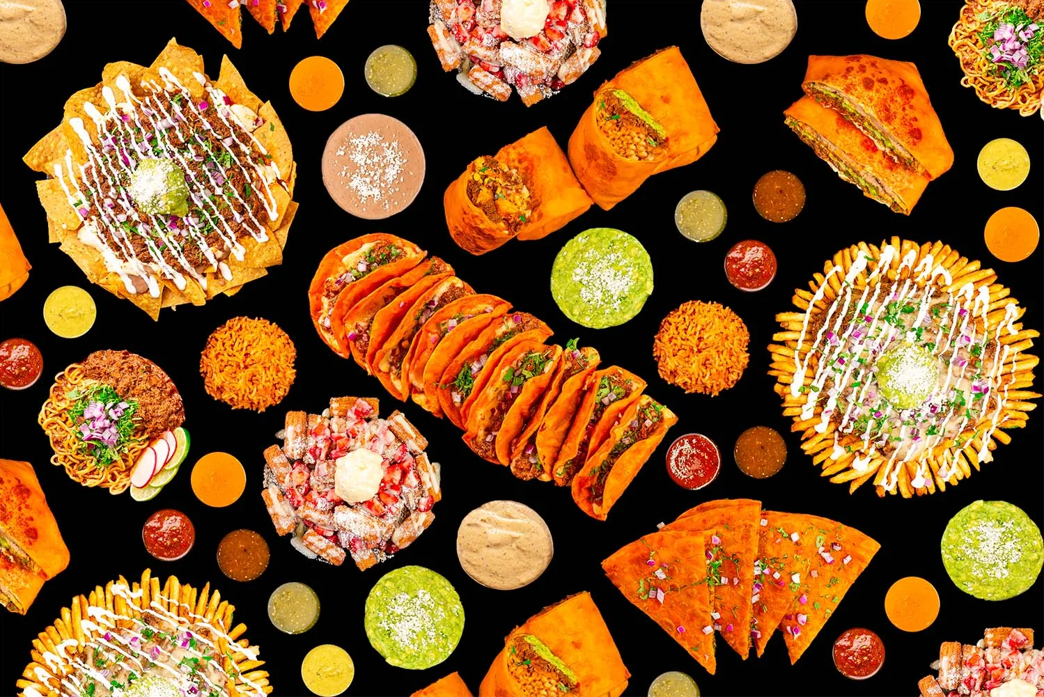 Colorful Mexican feast with tacos, nachos, and sauces