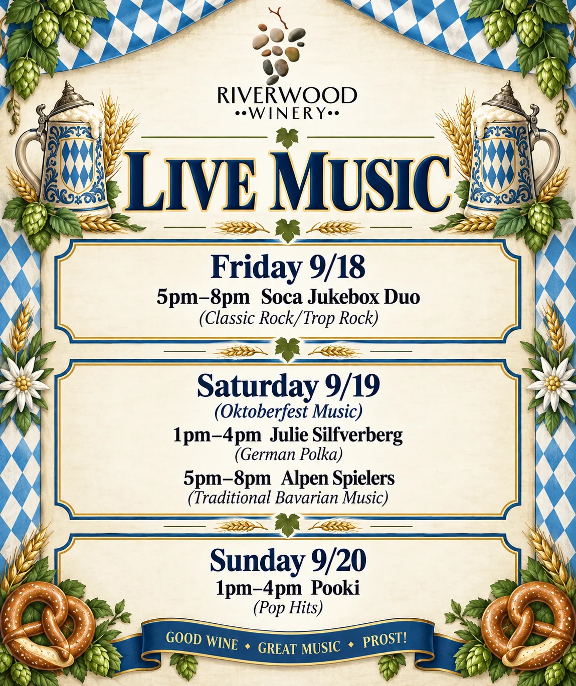 Live music event schedule at Riverwood Winery with festive decorations