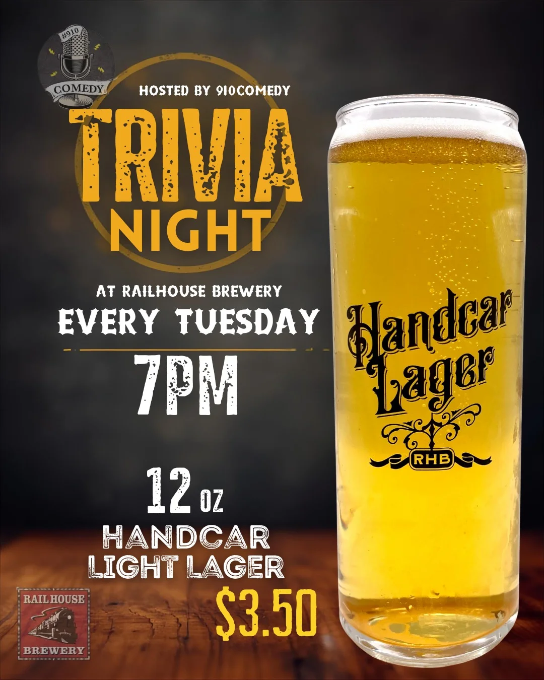 Trivia night poster at Railhouse Brewery featuring Handcar Lager