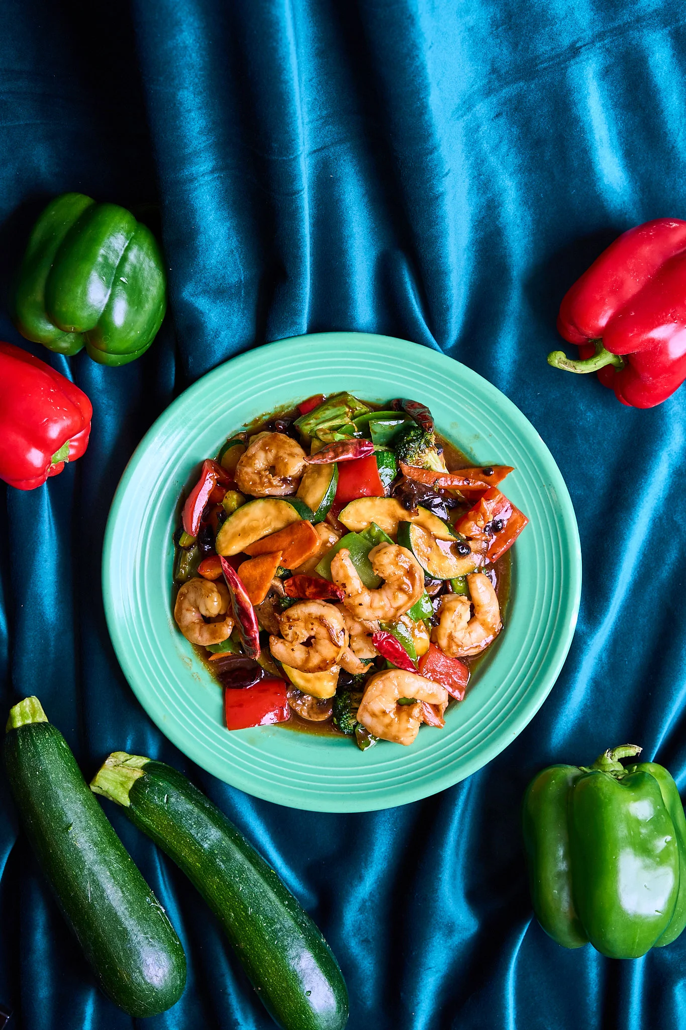 Szechuan shrimp stir-fry with colorful vegetables