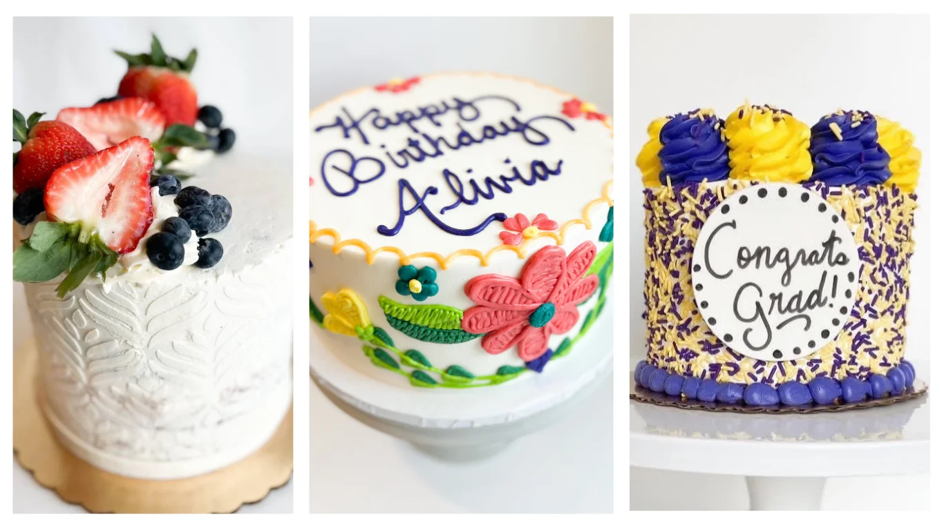 Three beautifully decorated celebration cakes for various occasions