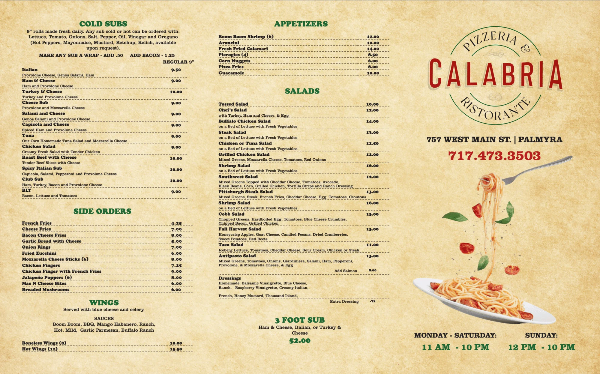 Calabria Menu Page 1