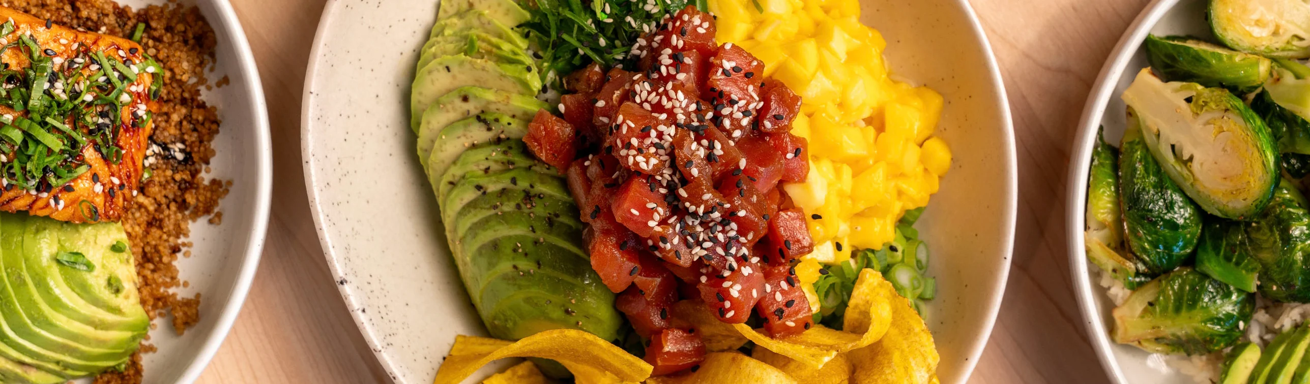 Hawaiian poke bowl with fresh fish and avocado