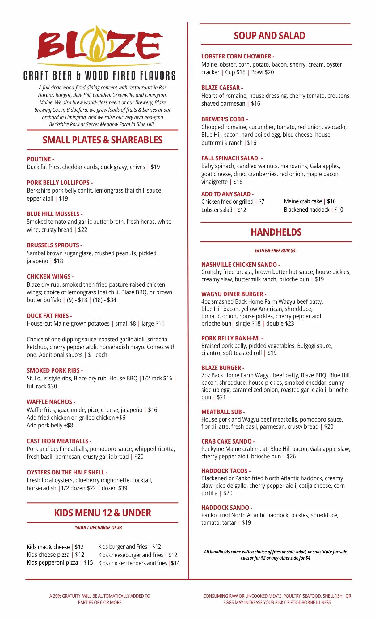Menu featuring wood-fired dishes and craft beer selections