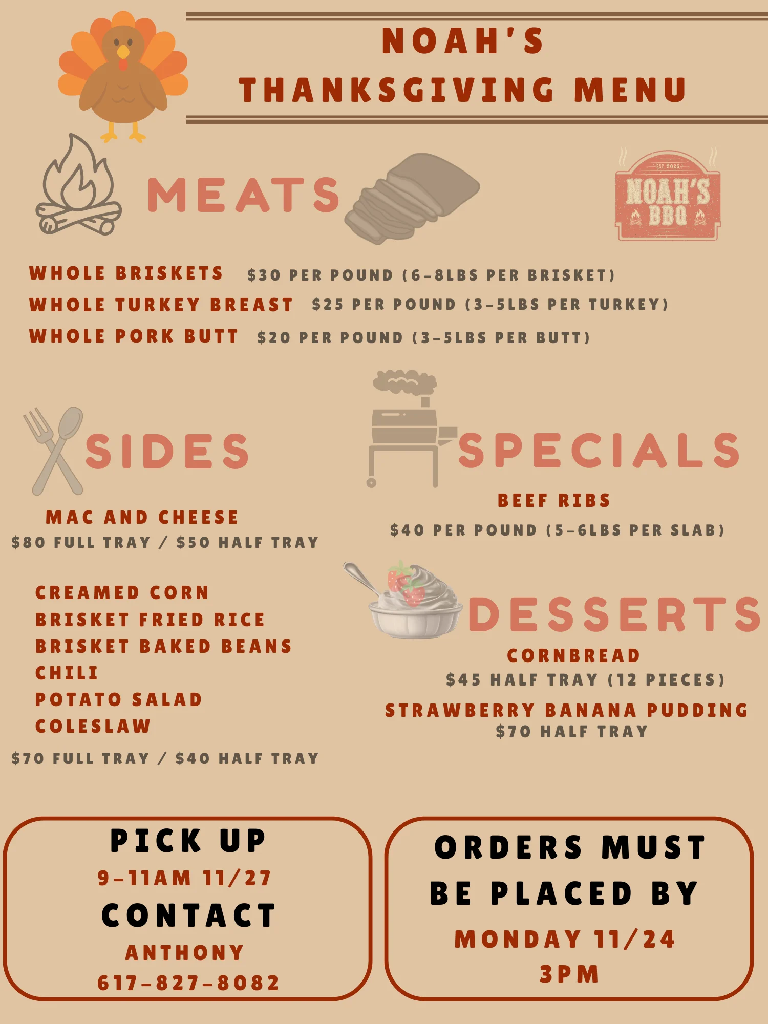 Thanksgiving menu featuring BBQ meats and sides