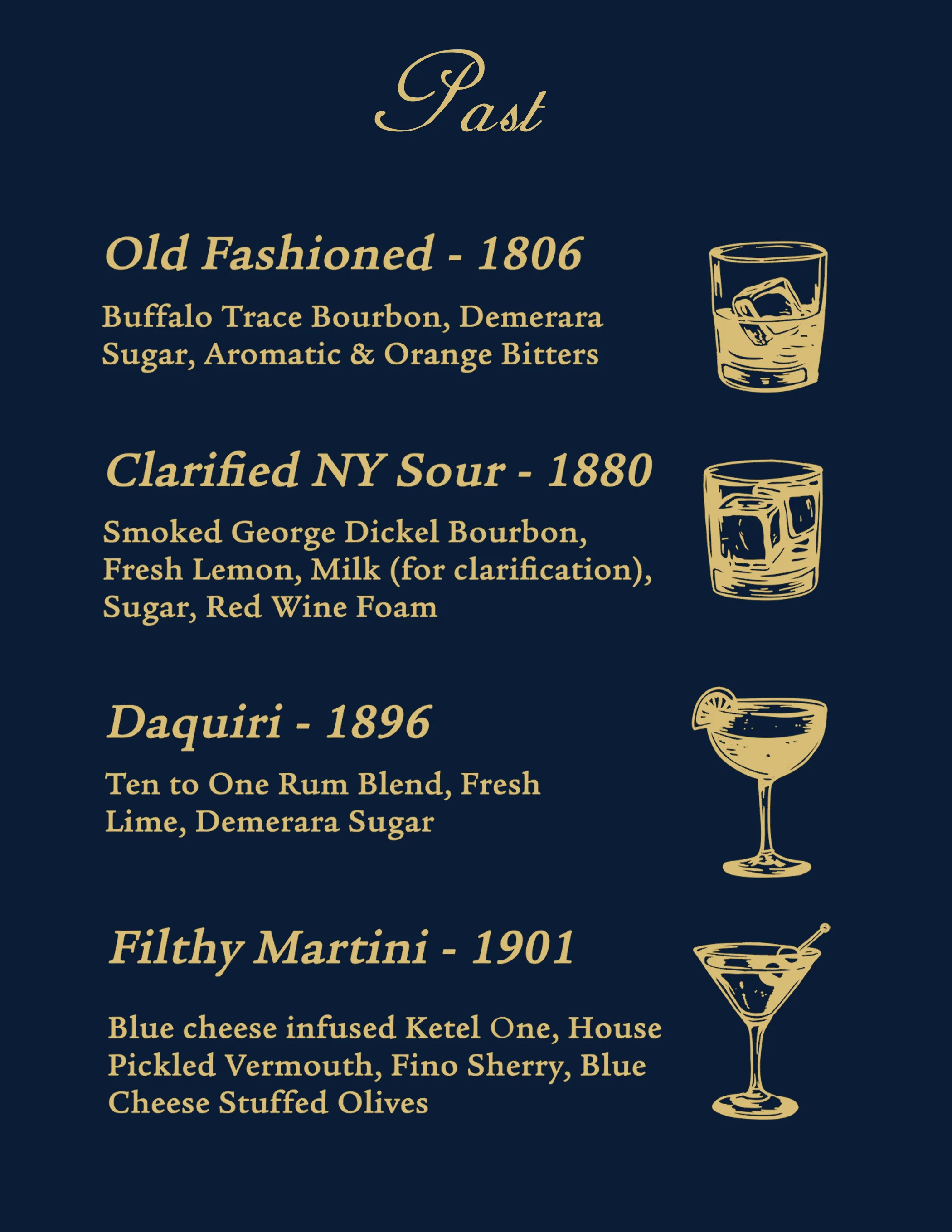 Classic cocktail menu featuring historic drinks