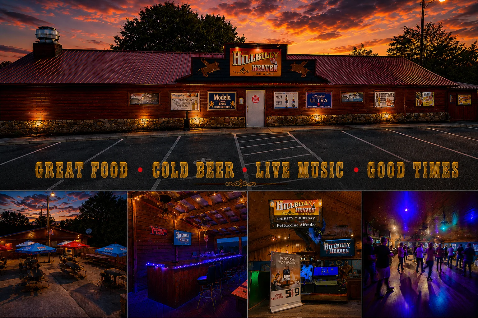 Exterior view of Hillbilly Heaven bar and grill at sunset