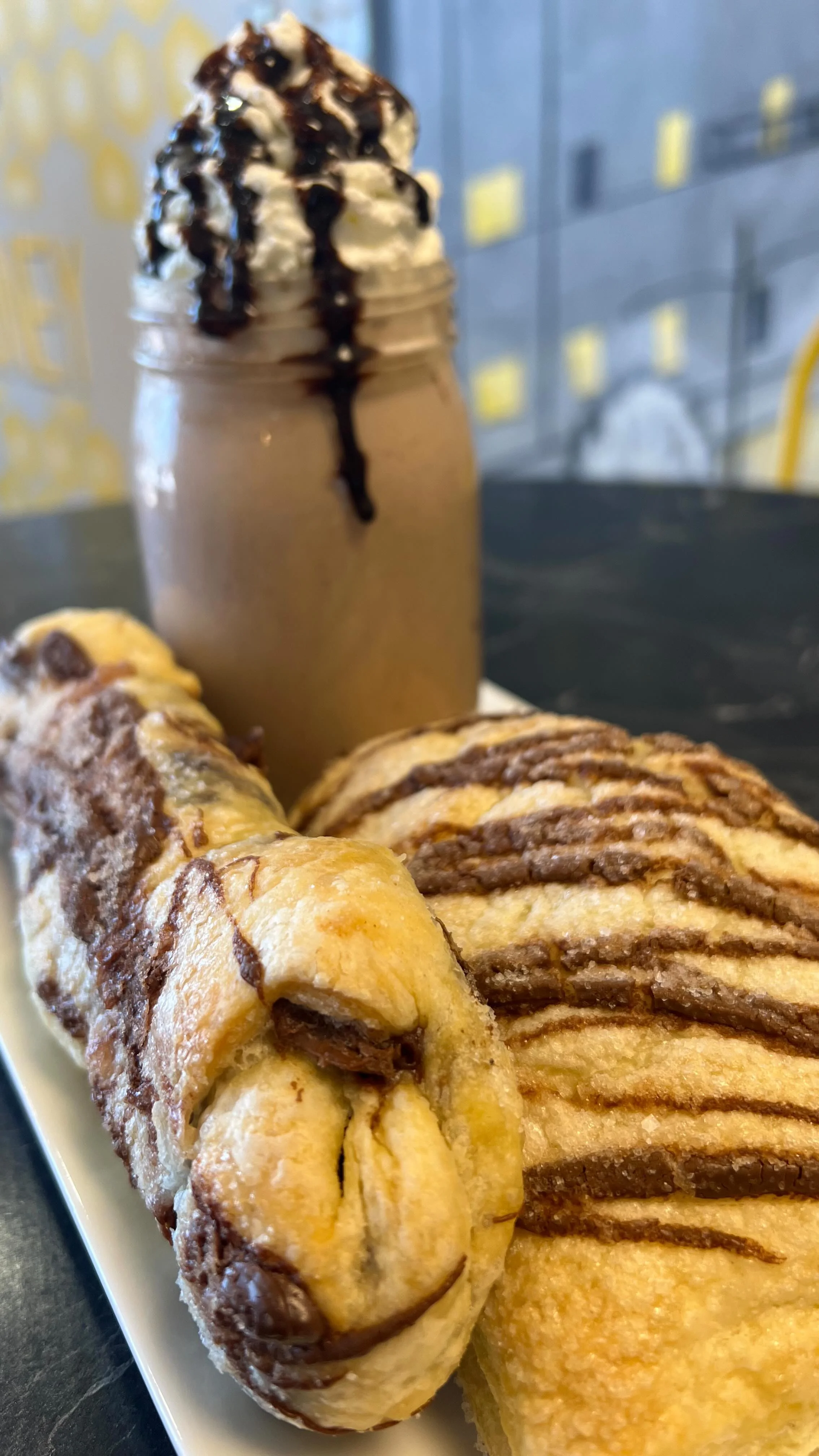 Decadent chocolate croissants with a mocha shake