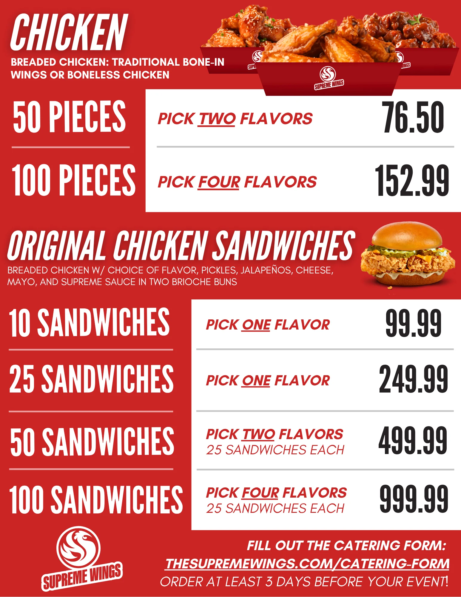 Catering menu for chicken wings and sandwiches