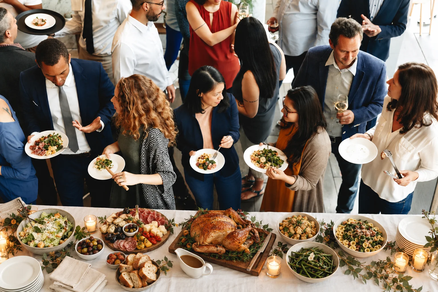 Thanksgiving dinner buffet with roast turkey and guests gathered in a restaurant