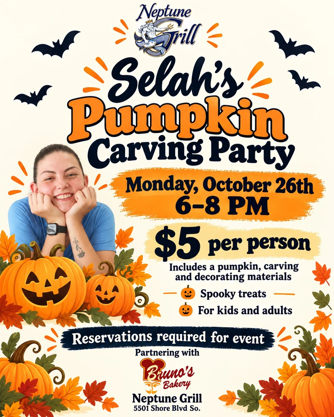 Halloween pumpkin carving party flyer with festive autumn illustrations