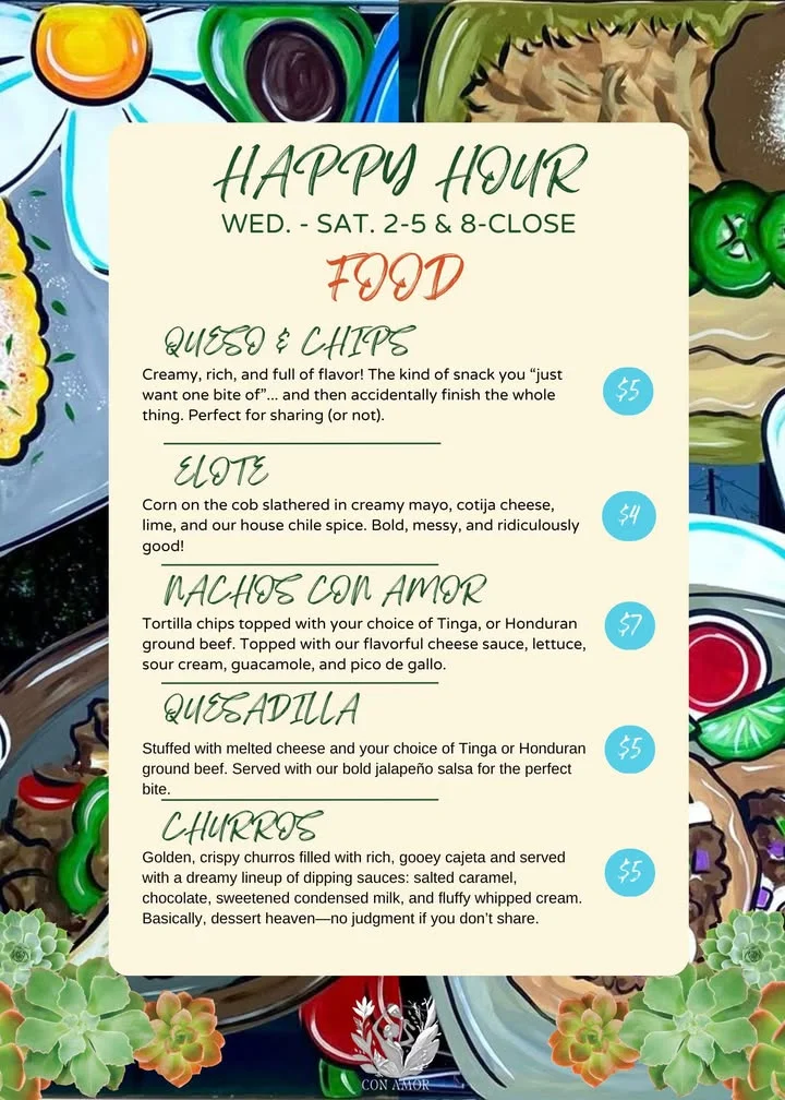 Happy hour menu featuring Mexican appetizers and desserts