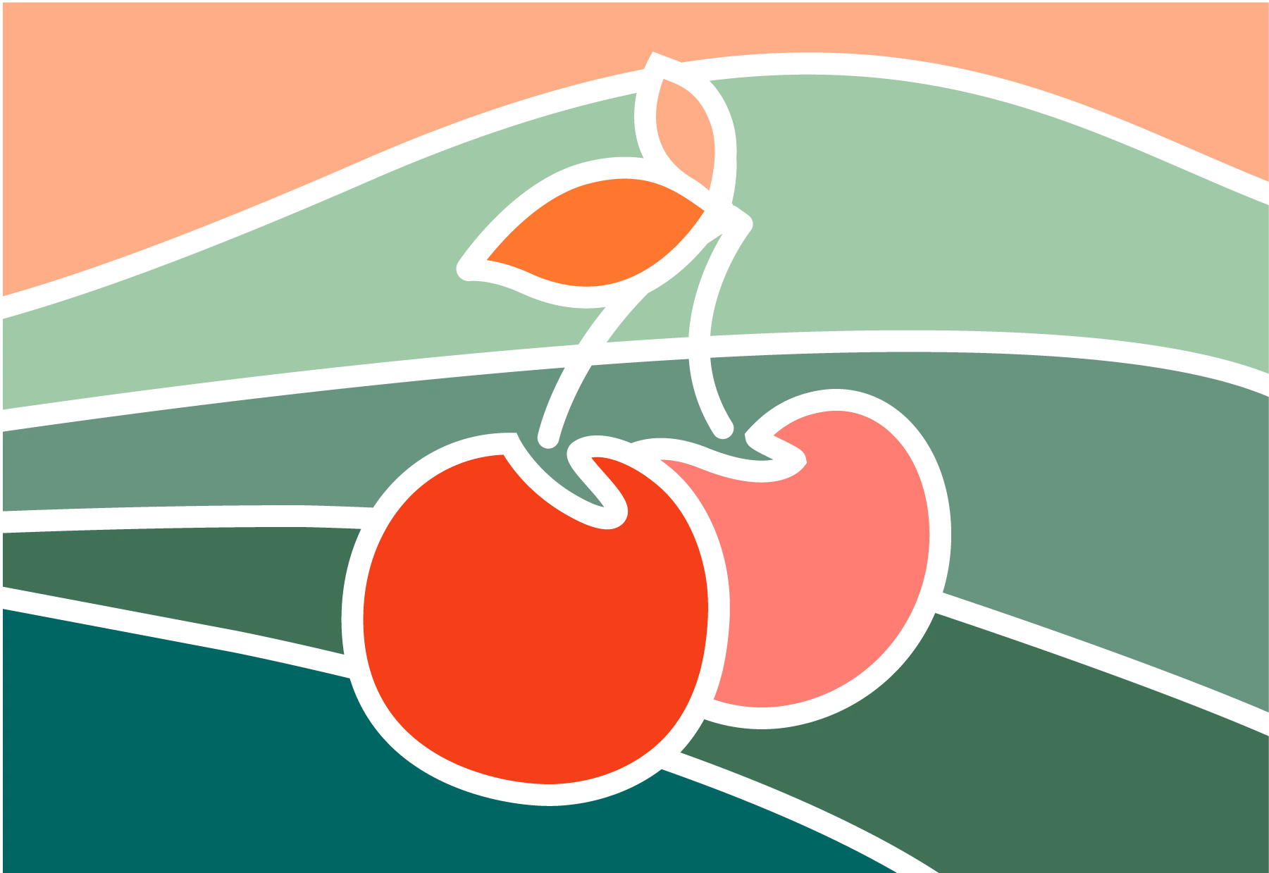 Stylized illustration of cherries on colorful hills