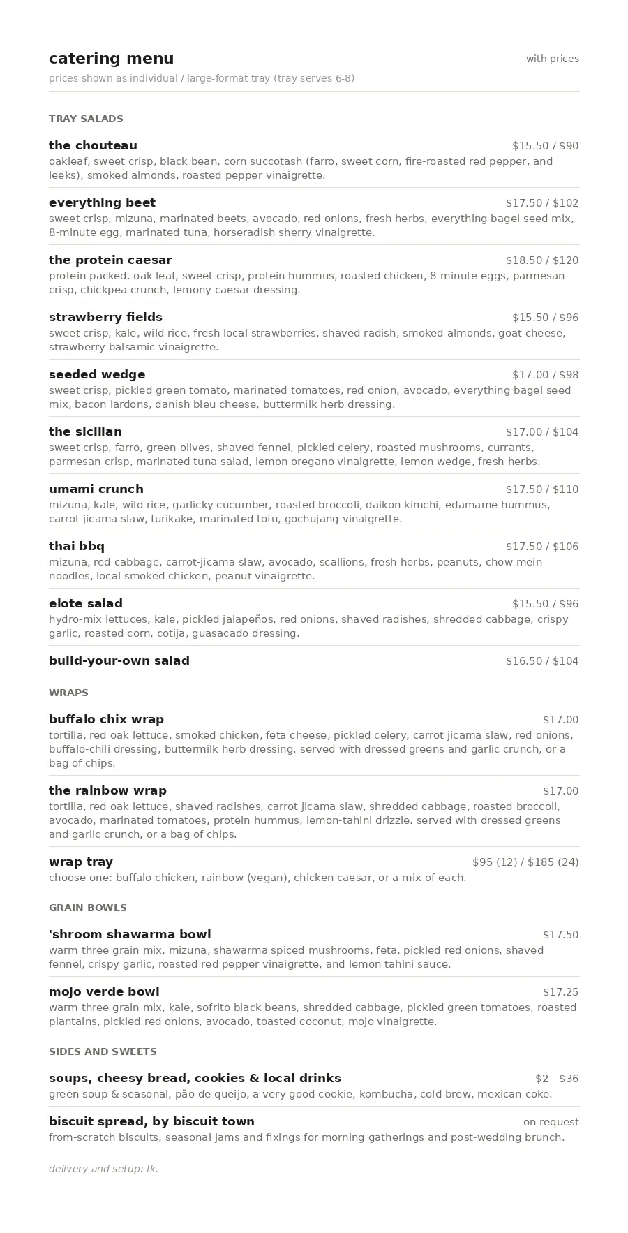 Catering menu featuring diverse tray salads and wraps