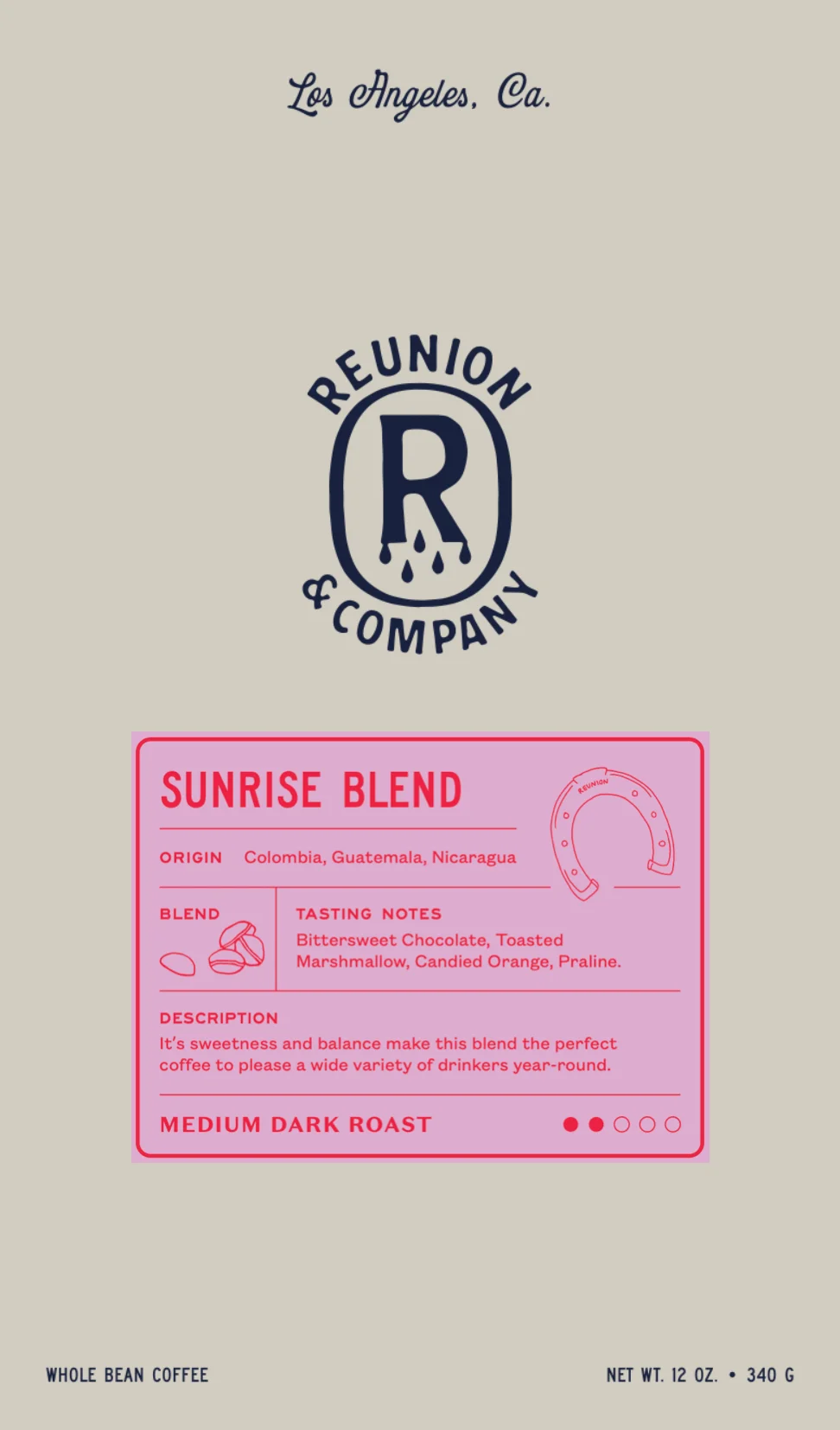 Whole bean coffee packaging for Sunrise Blend from Reunion & Company