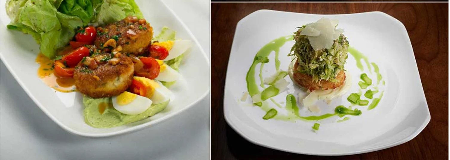 Crispy crab cakes with salad and sauce