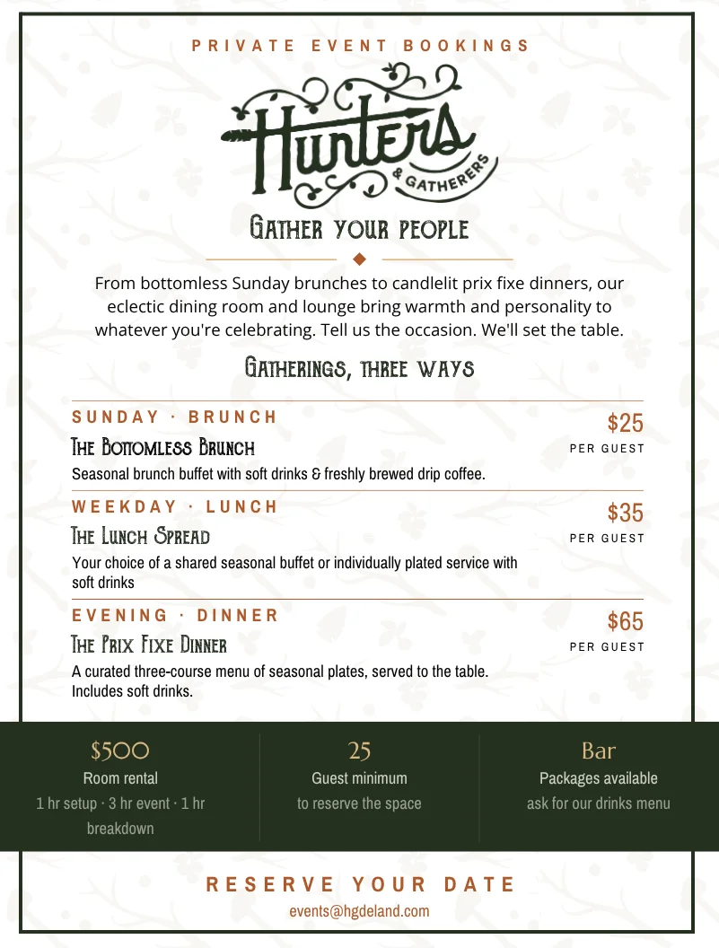 Elegant private event menu for gatherings at Hunters & Gatherers restaurant