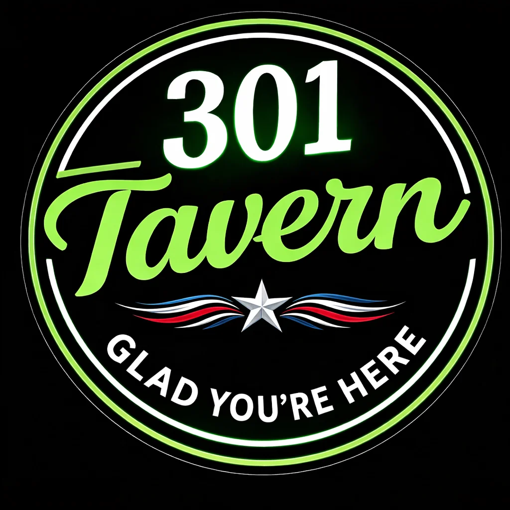 A glowing sign for a tavern featuring green lettering on a black background with a star and decorative design.