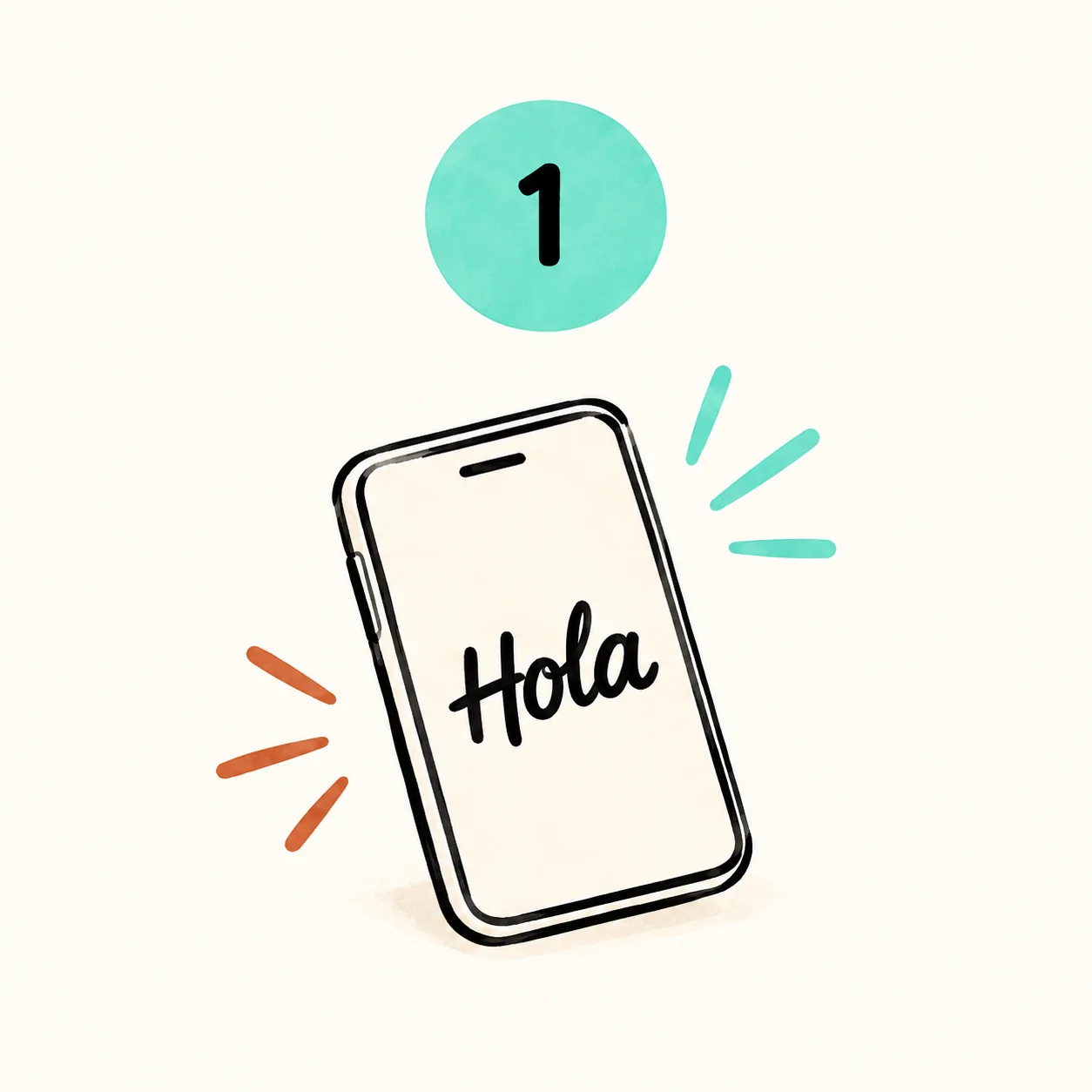Illustration of a smartphone displaying Hola with colorful accents