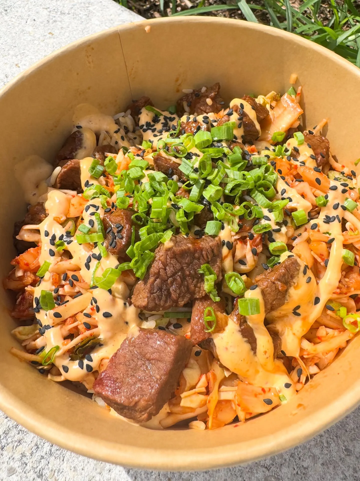 Korean beef bibimbap with spicy sauce and vegetables