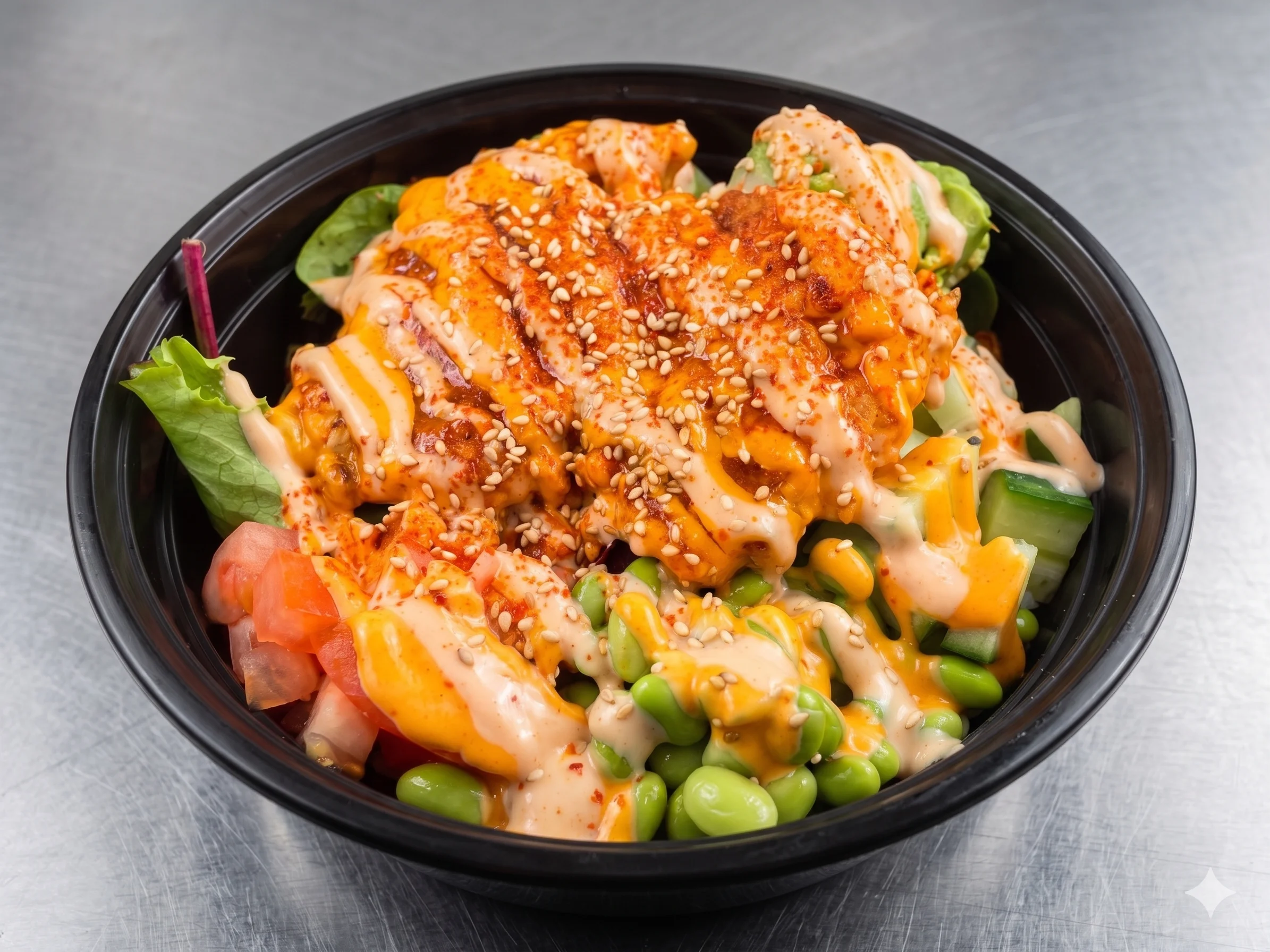 Colorful salad bowl with vegetables, sesame seeds, and drizzled sauce.