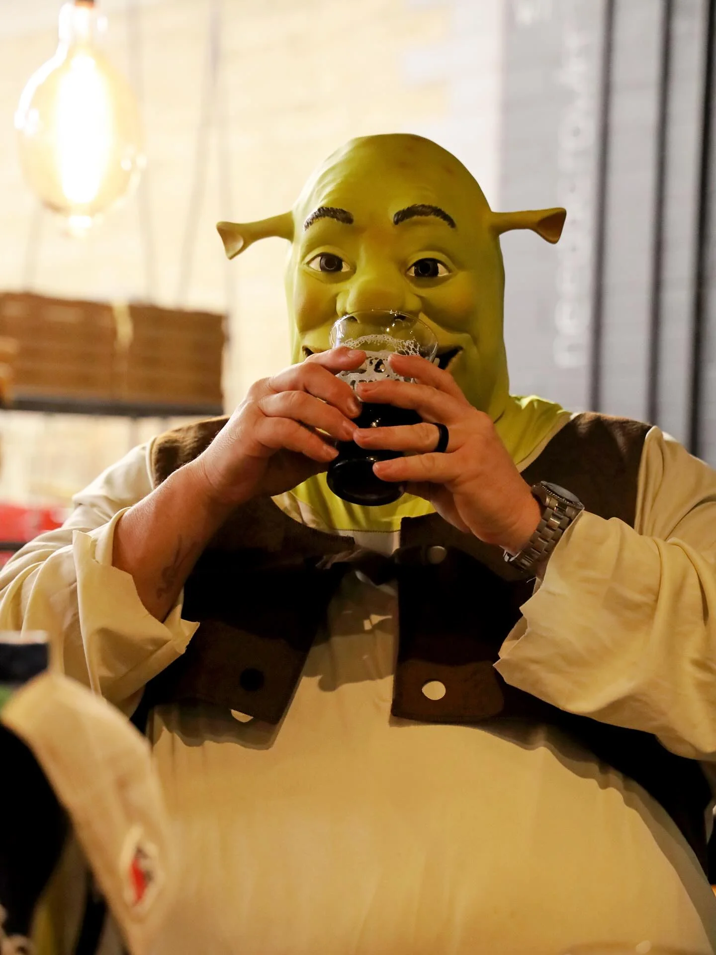 Person in Shrek costume enjoying a drink at a lively bar