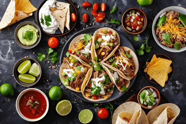 Colorful platter of Mexican tacos with various toppings