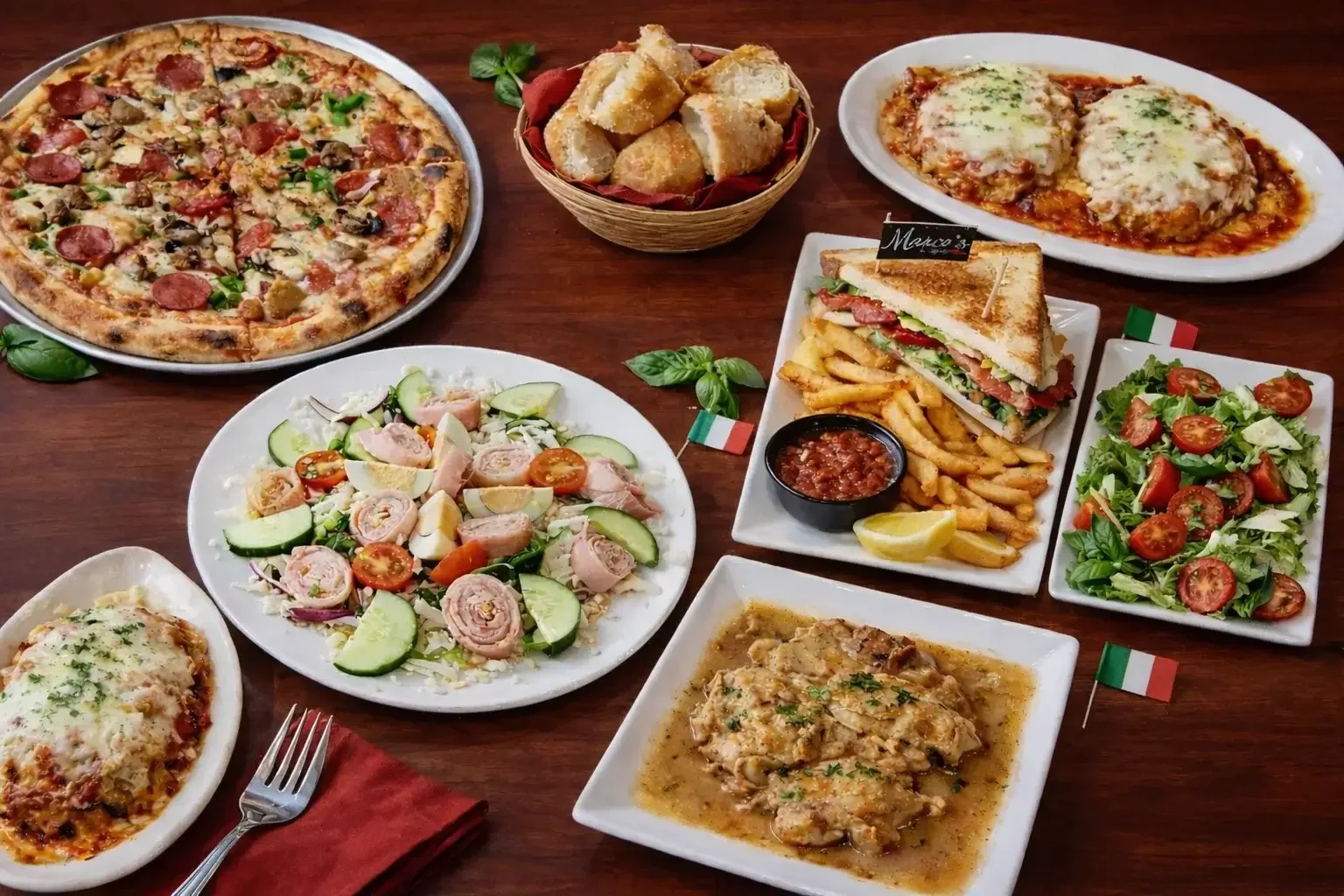 A beautifully arranged table with delicious dishes and drinks.