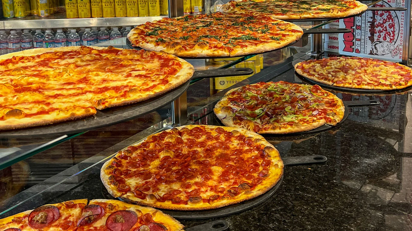 Pizza on display at Mombo's Pizza