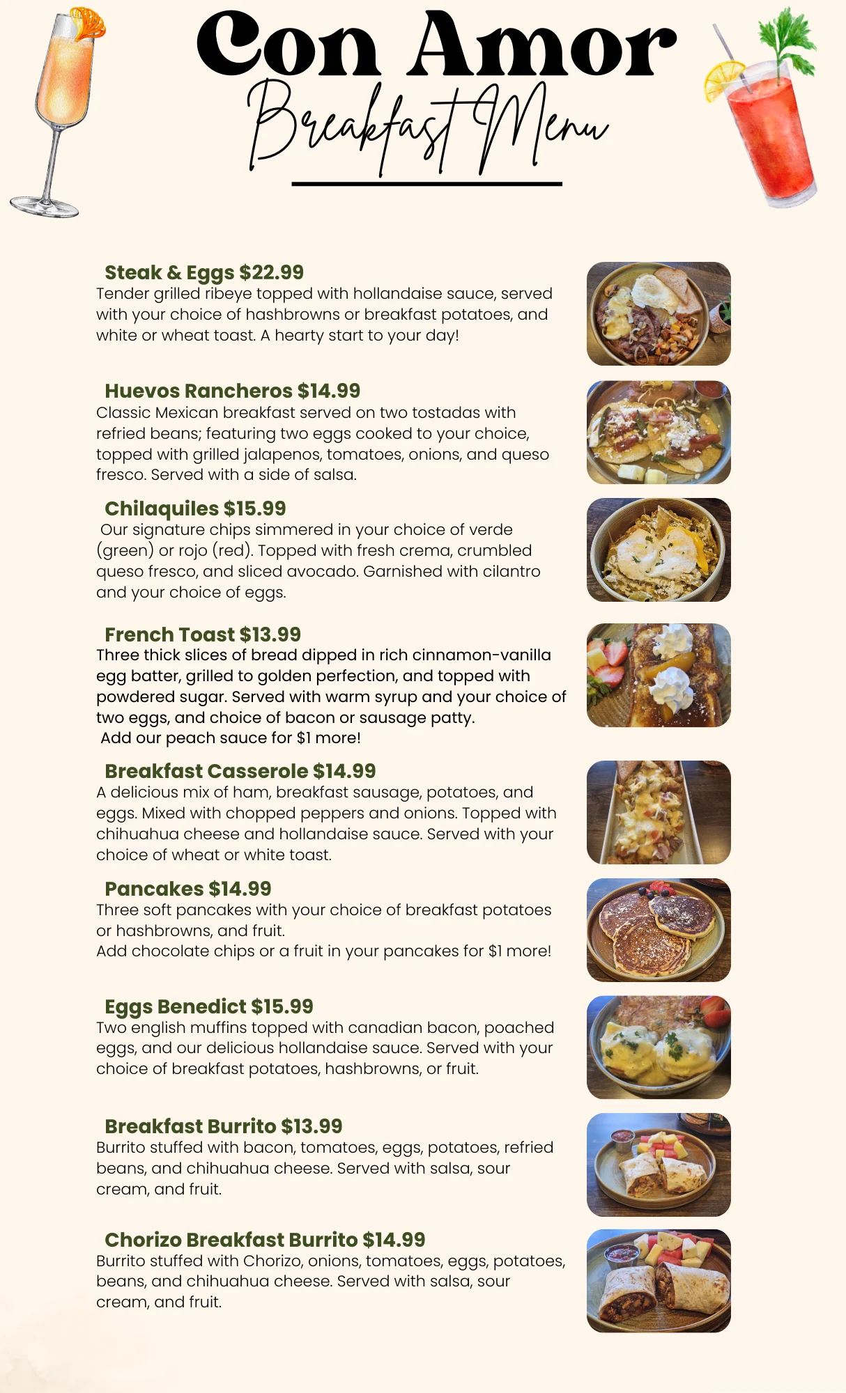 Breakfast menu featuring traditional Mexican dishes