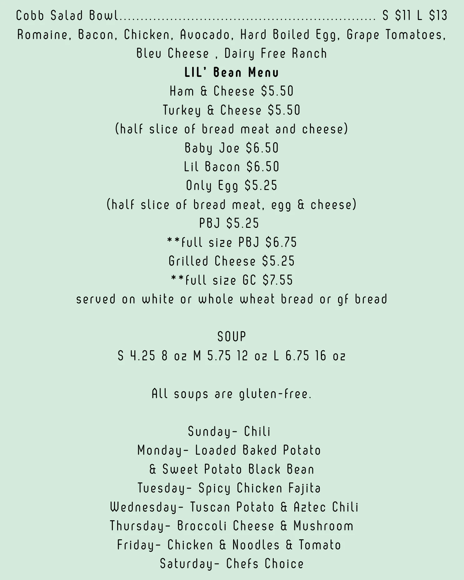 Coffee and espresso drink menu with prices