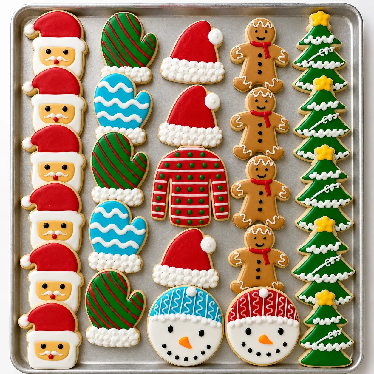 Festive holiday cookies decorated in various shapes