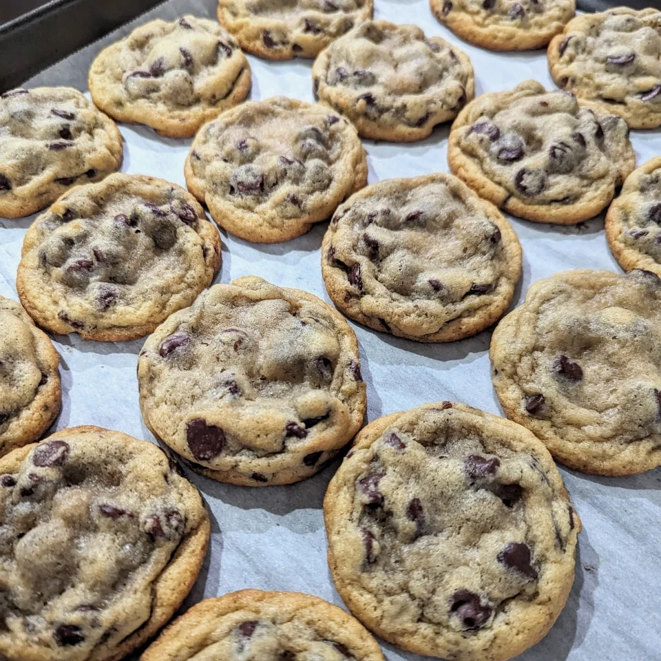 Freshly baked chocolate chip cookies on parchment paper