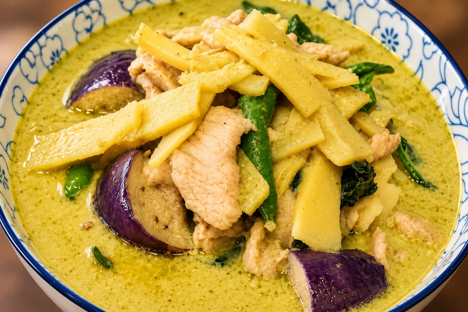 Thai green curry with chicken, bamboo shoots, eggplant, and basil