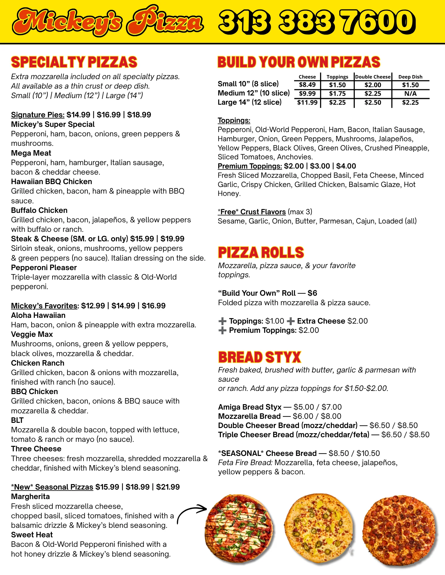 Menu for Mickey's Pizza featuring specialty pizzas and build your own options.
