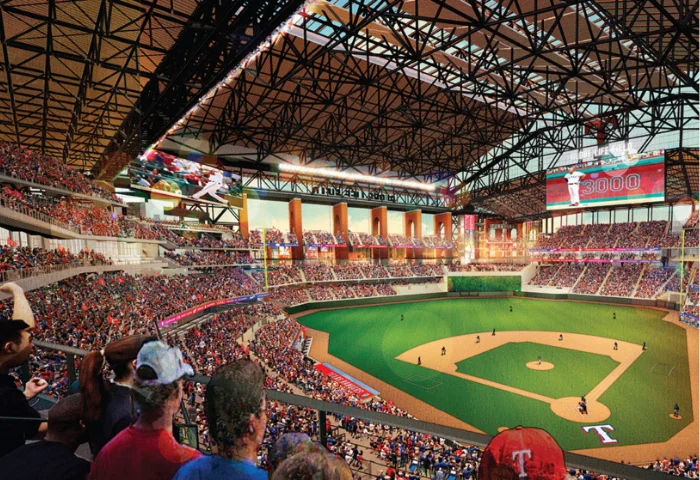 Interior view of a modern baseball stadium filled with fans