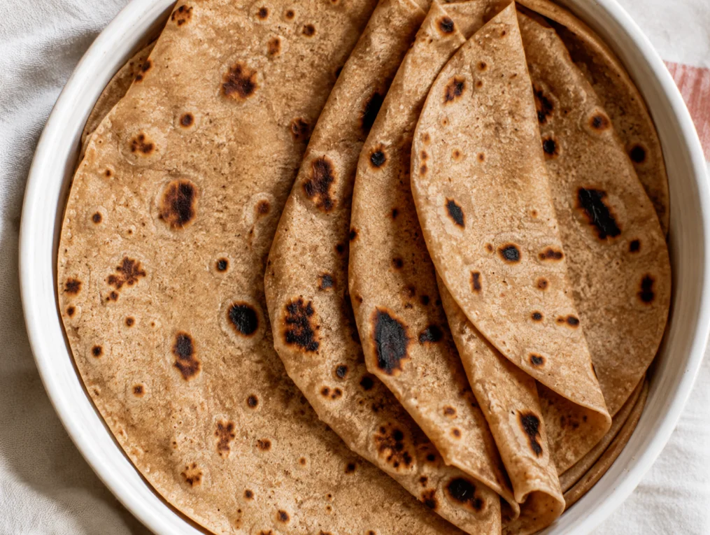 A plate stacked with warm, brown flatbreads, showcasing a rustic texture.