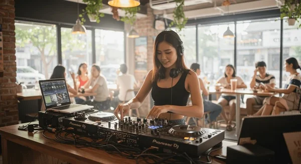 A vibrant coffee shop scene with high energy and Asian decor.