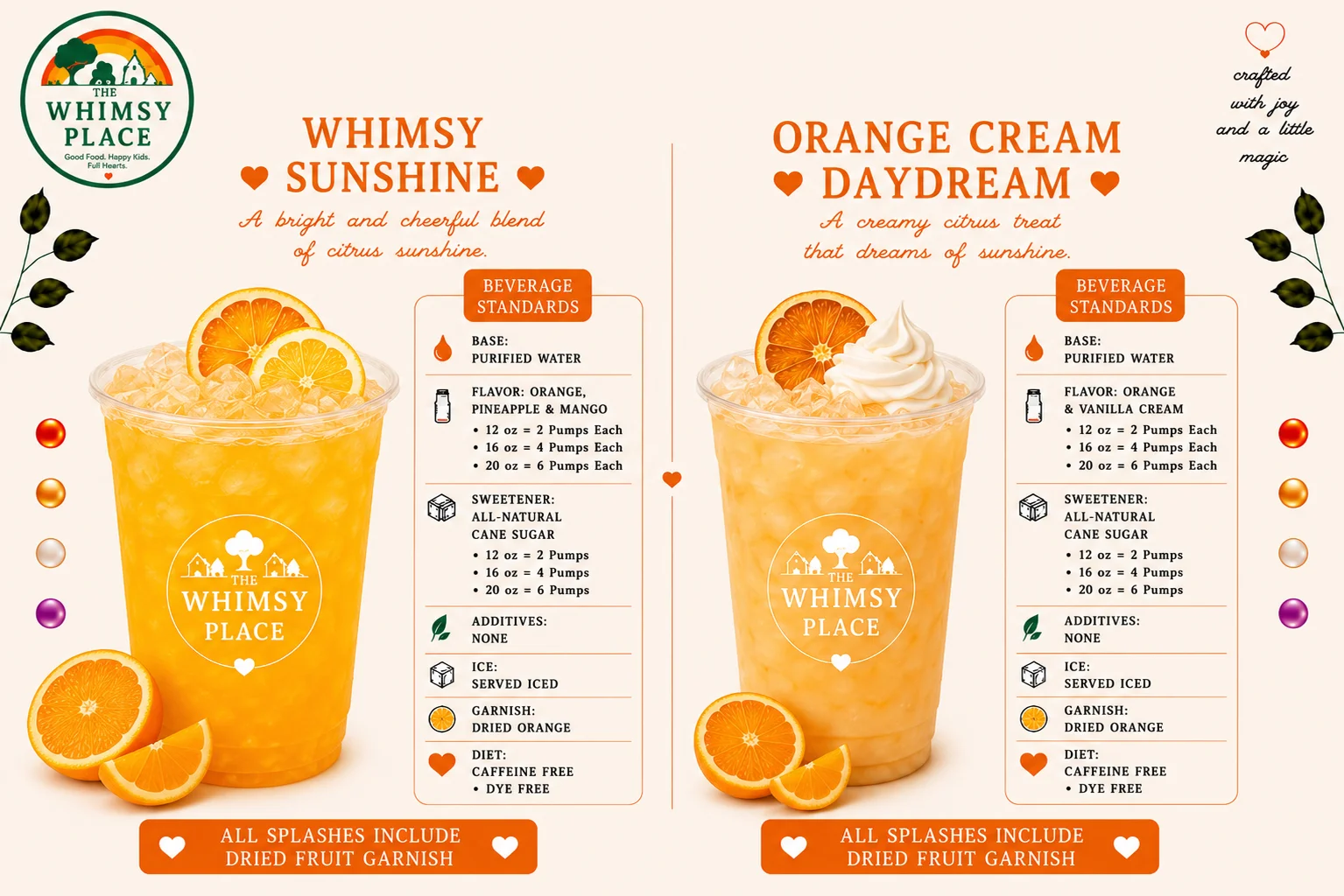 A vibrant display of two beverage options featuring oranges and tropical fruits. One drink is labeled 'Whimsy Sunshine' and is a blend of orange, pineapple, and mango, while the other is 'Orange Cream Daydream' with orange and vanilla cream.