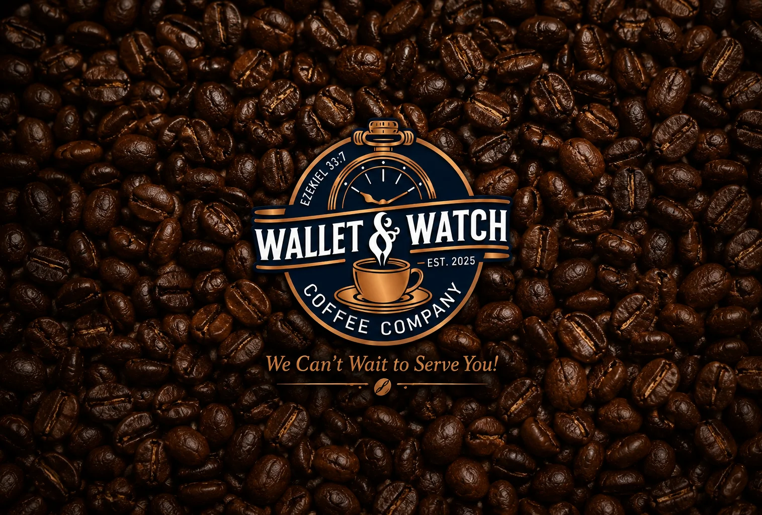 Logo of Wallet & Watch Coffee Company with coffee beans background
