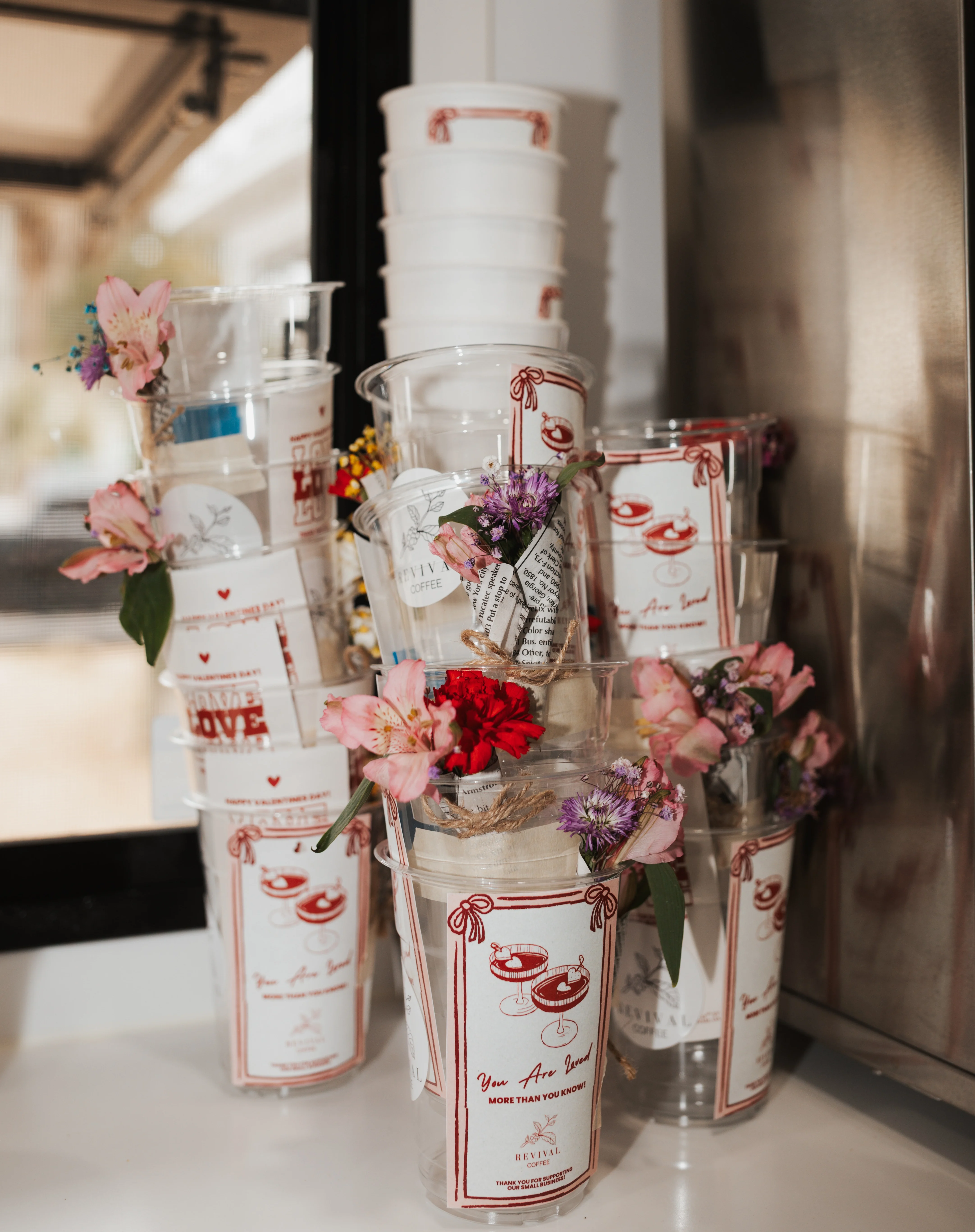 Seasonal valentine cups at Revival Coffee in Starland District.