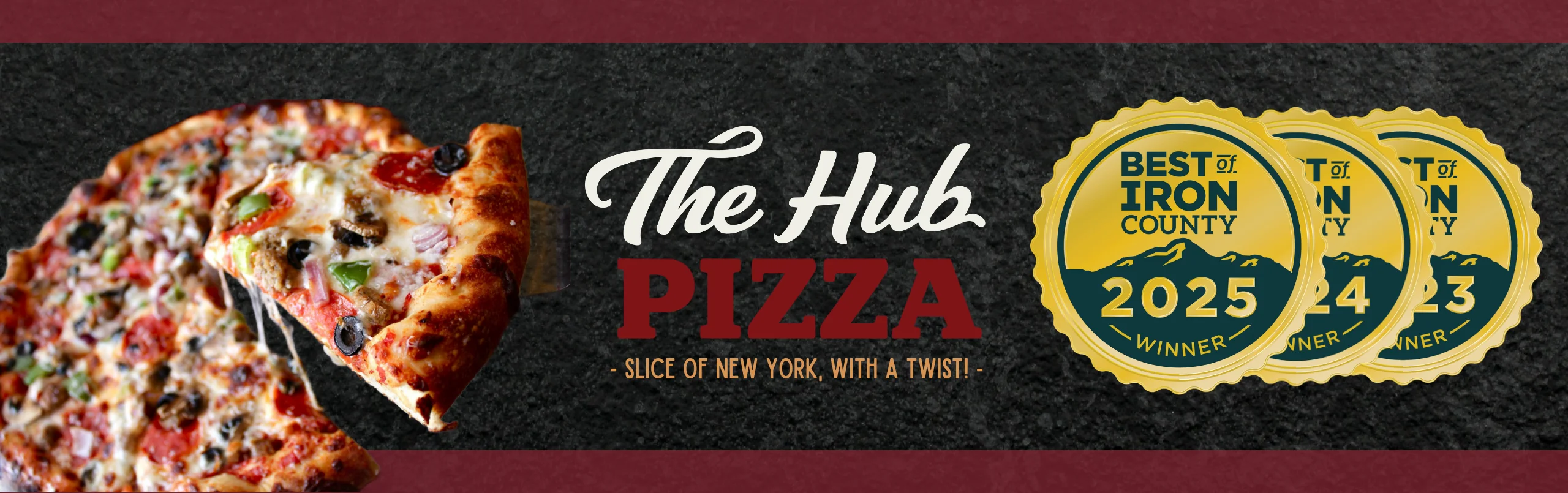 Pizza promotional banner with award badges and restaurant branding