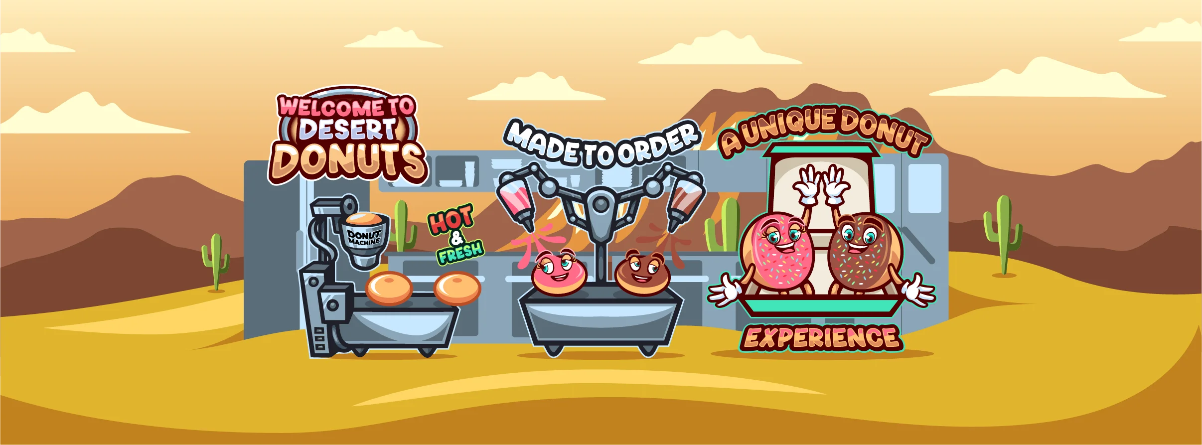 Colorful cartoon donut shop in a desert setting
