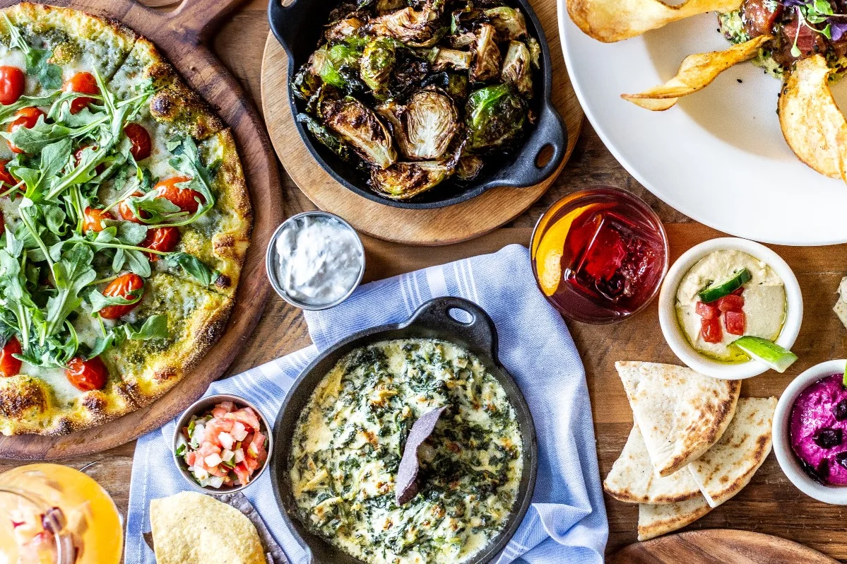 Mediterranean mezze platter with dips and flatbreads