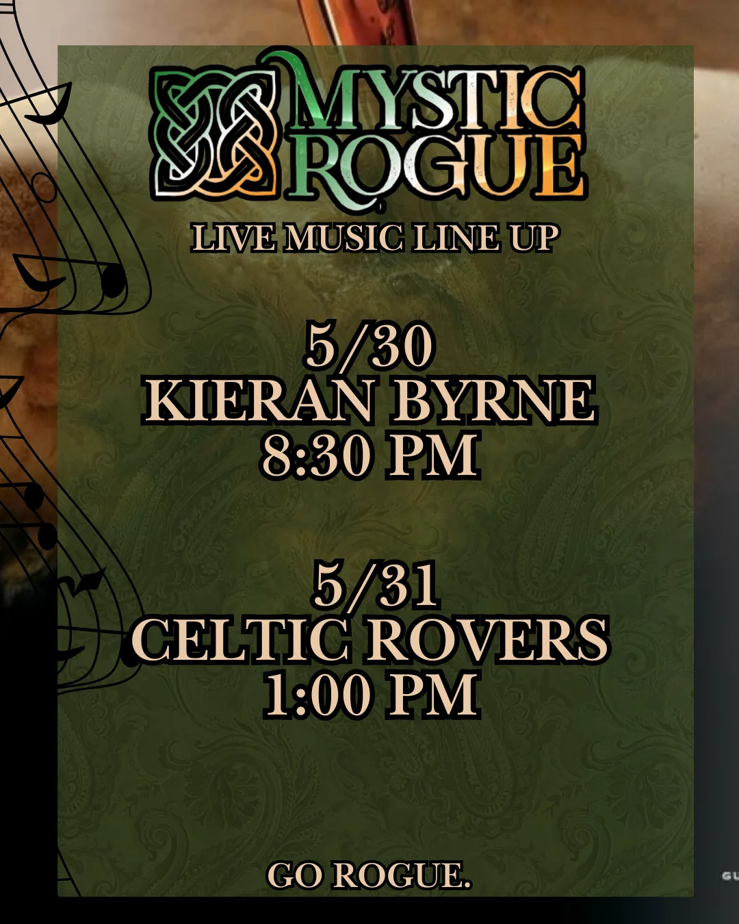 Live music lineup at Mystic Rogue featuring Dangerous Joes and Fast Eddie.
