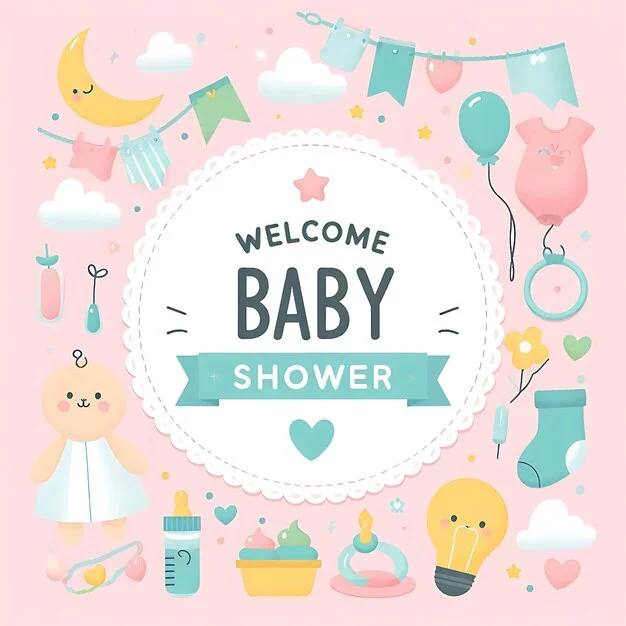 Colorful baby shower welcome decoration with cute illustrations