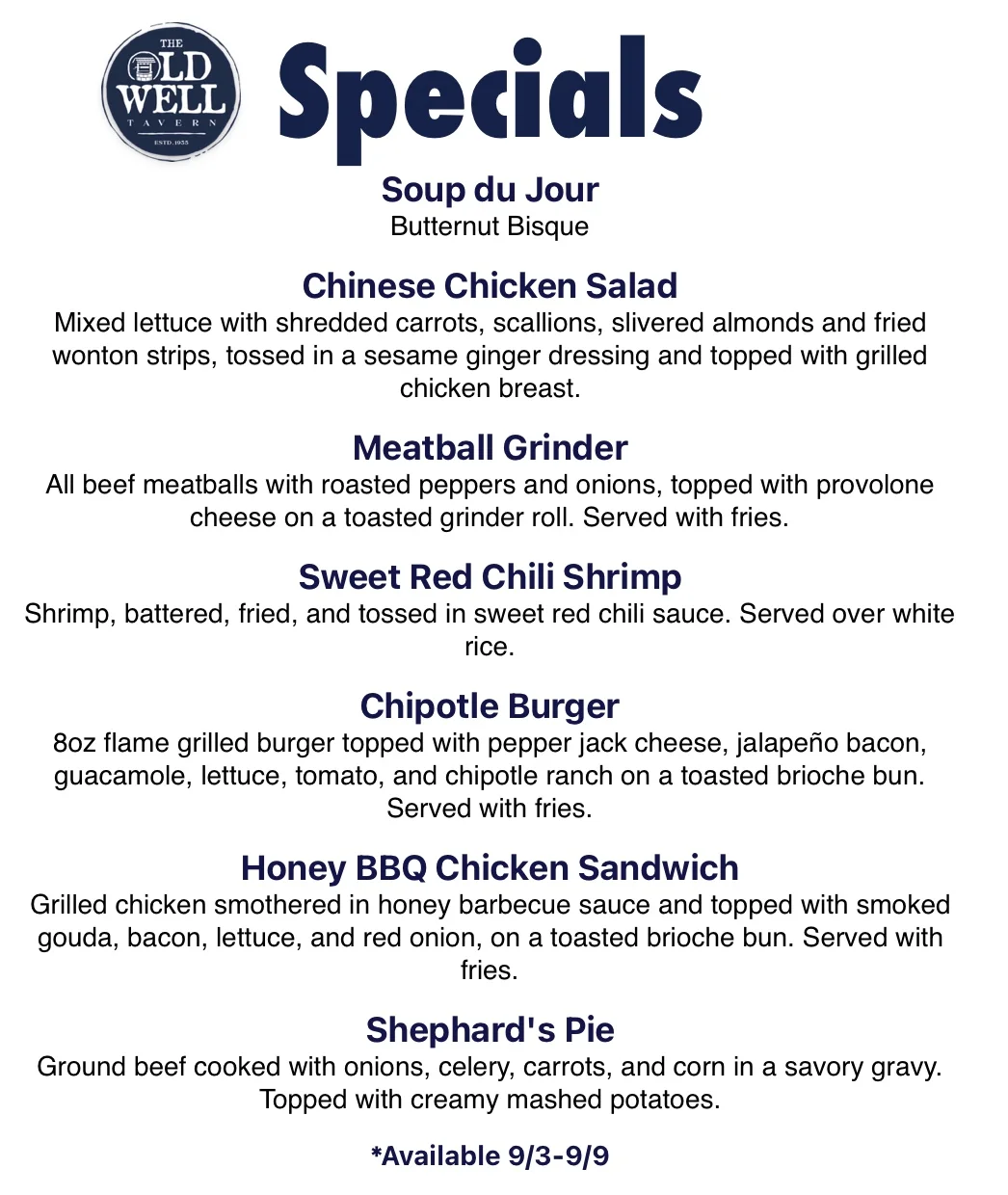 Specials menu featuring diverse American comfort food dishes