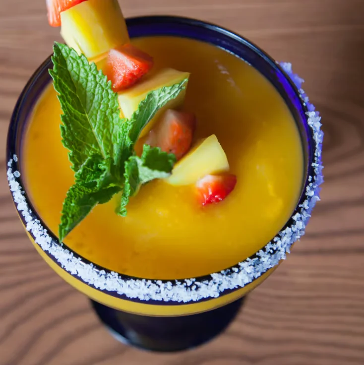 Colorful tropical cocktails and a shrimp salad in a vibrant restaurant setting